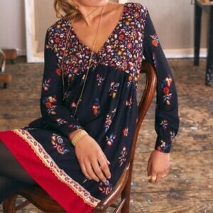 SÉZANE | Navy Red Yellow Floral Long Sleeve Dress Boho  Empire Waist | 36 (US 4)